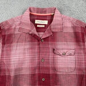 Tommy Bahama Shirt Mens Large Red Silk Blend Camp Original Fit Plaid Beach